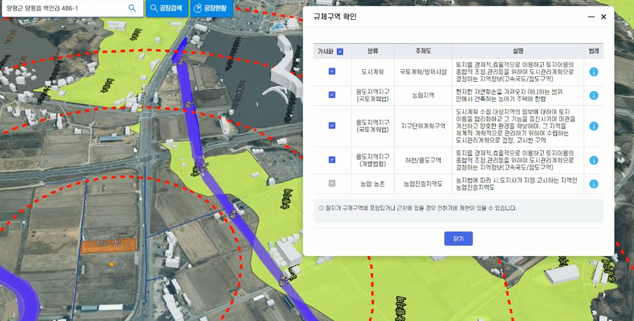 지도 위에 규제 구역을 오버레이하고 우측 팝업창에 해당 토지의 상세 규제 법률 리스트가 출력되는 화면